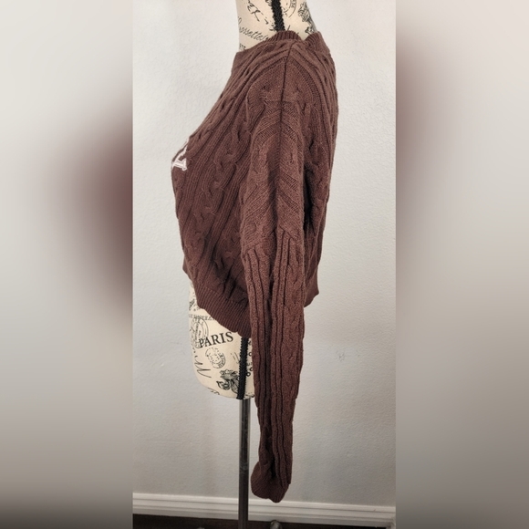 Playboy PacSun Crop Sweater Top Small Bunny Boxy Cable Knit Brown - Picture 3 of 7